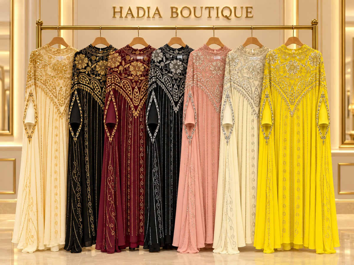 Floral medallion abayas in seven gold and silver colour combinations