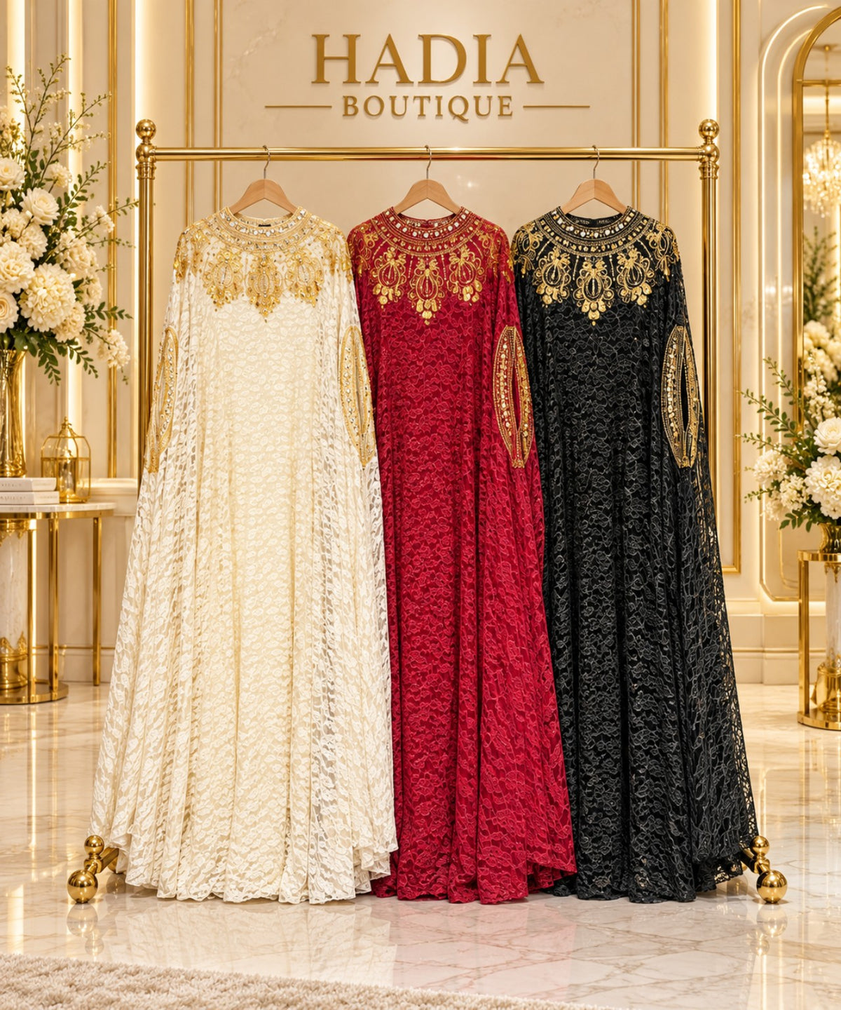 Ivory, red and black gold embellished lace abayas