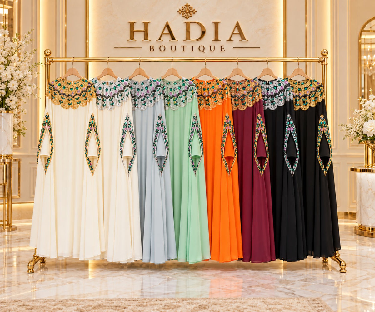Jewel neckline abayas in eight colour combinations