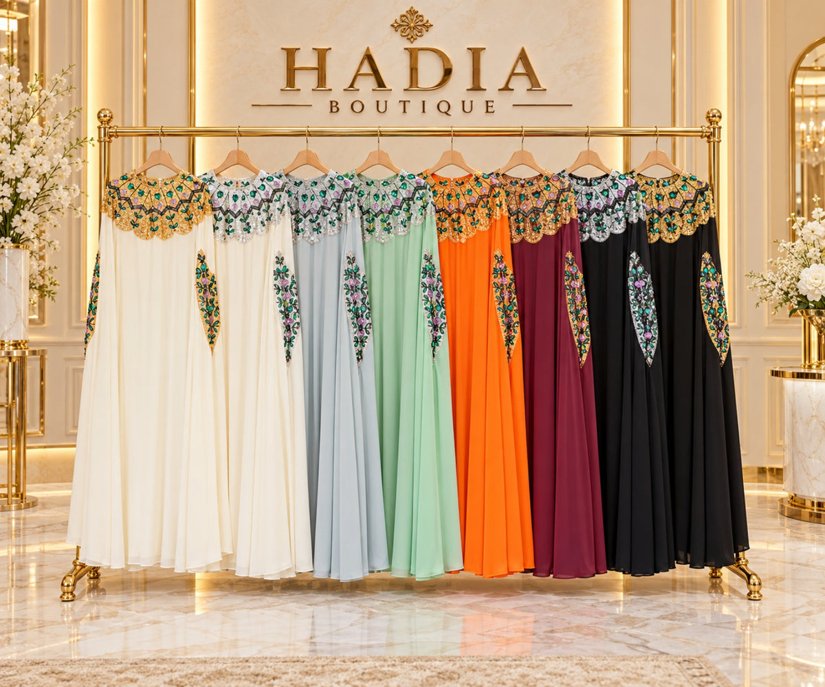 Jewel neckline abayas in eight colour combinations