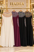 Multicolour embellished abayas in ivory gold, burgundy silver, black silver and black gold