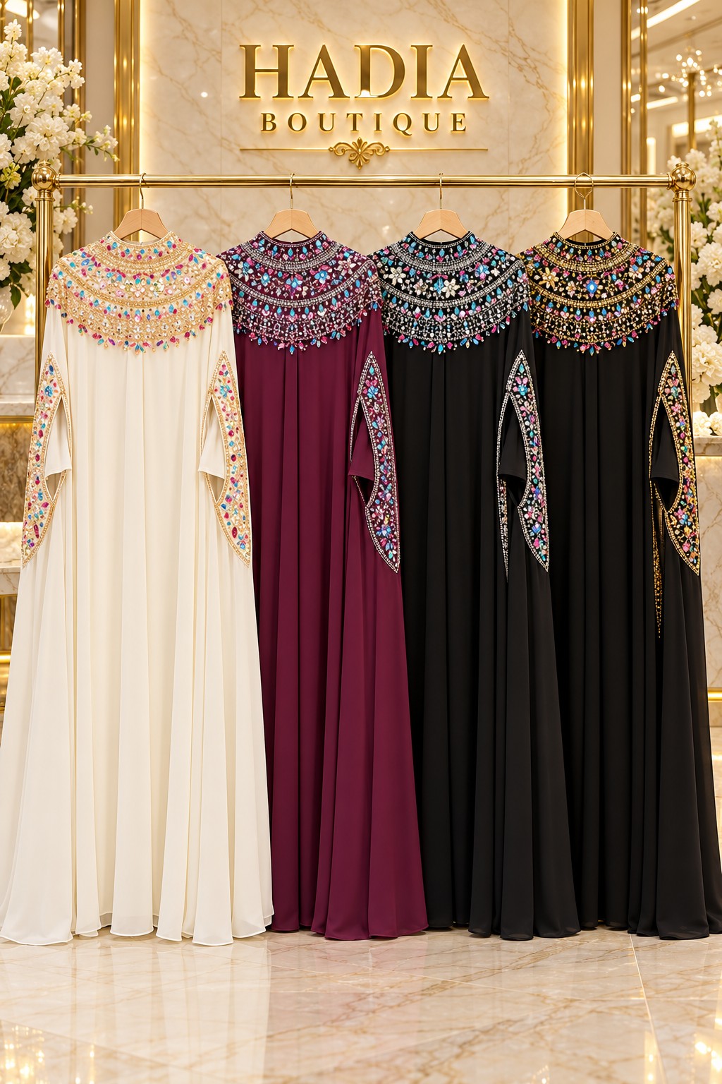 Multicolour embellished abayas in ivory gold, burgundy silver, black silver and black gold